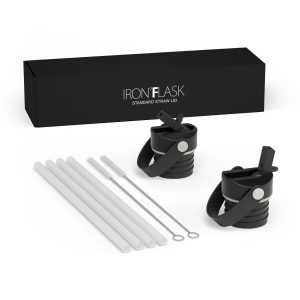 Iron Flask Standard Mouth Straw Lid Replacement, Leak Proof Water Bottle Cap with 4 Straws and 2 Cleaning Brushes, Black, 2-Pack